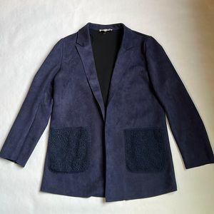 Solitaire - Women’s S - Navy Faux Suede Open Front Blazer with Lace Pockets